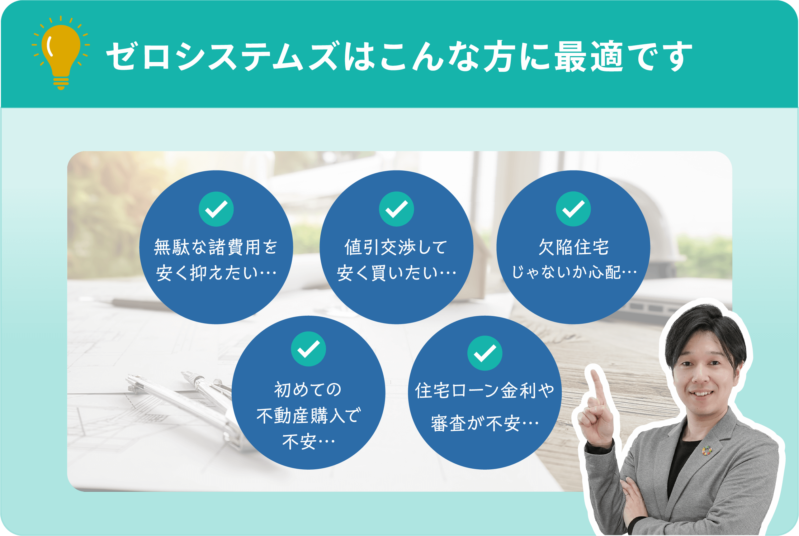 ゼロシステムズはこんな方に最適です　・無駄な諸費用を安く抑えたい　・値引交渉して安く買いたい　・欠陥住宅じゃないか心配　・初めての不動産購入で不安　・住宅ローン金利や審査が不安
